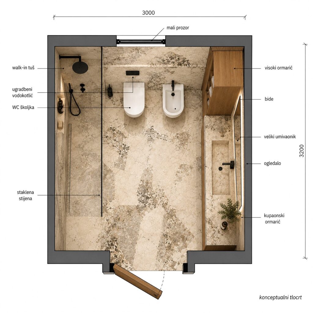 Tlocrt kupaonice za Model 118 - ML za adaptaciju ili renovaciju u Puli i Istri