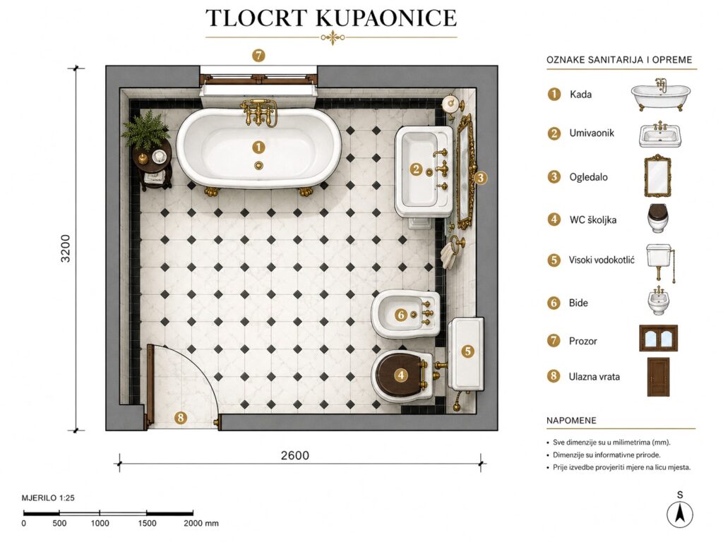 Tlocrt za model kupaonice 320 - CL za adaptaciju i renovaciju starih vila u Puli i Istri