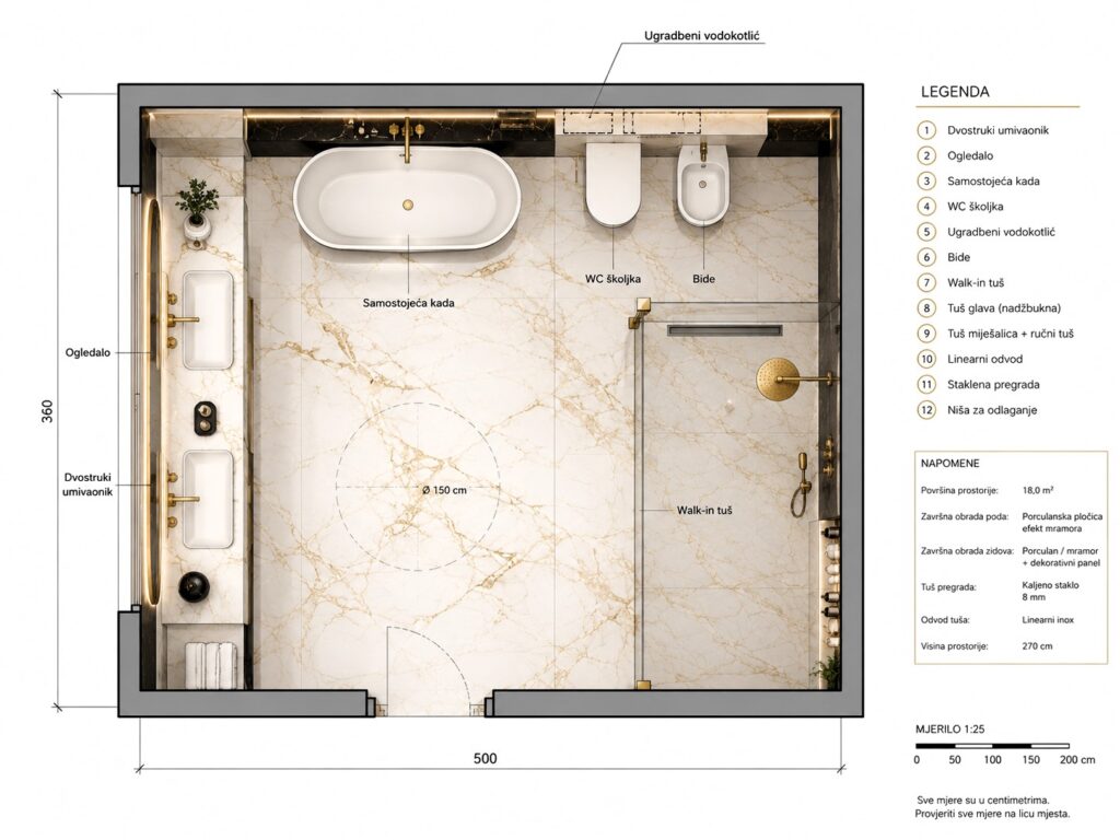 Tlocrt za model kupaonice 530 - AL za ekskluzivnu adaptaciju i renovaciju u Puli i Istri.