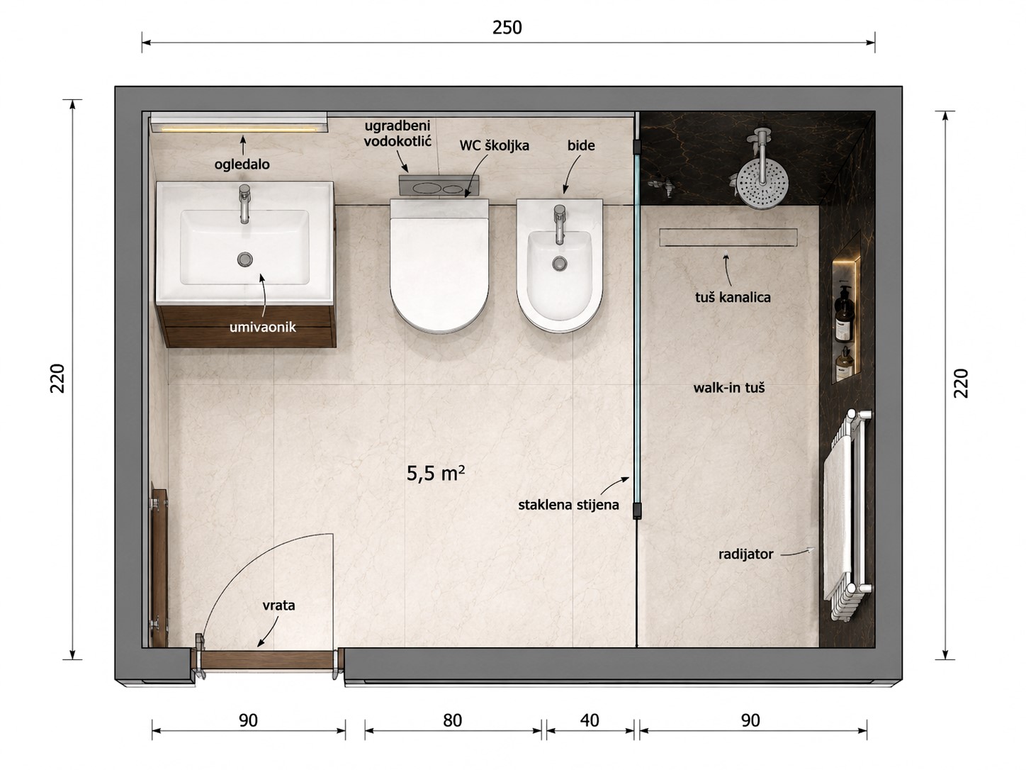 Tlocrt za model kupaonice 730 - KL za adaptaciju i renovaciju u Puli i Istri