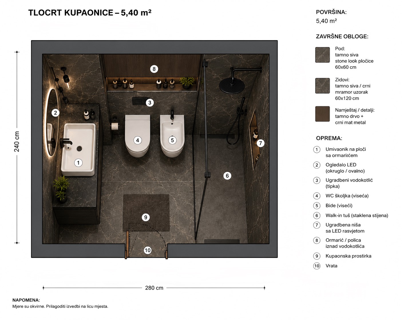 Tlocrt za model kupaonice 755 - KL za adaptaciju i renovaciju s prikazom umivaonika.